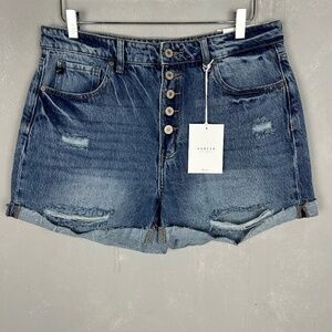 KanCan jean shorts size XL high rise blue medium wash distressed button fly NEW